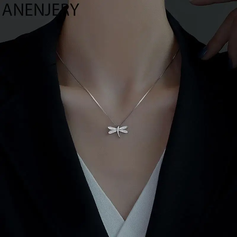 Серебристая микроциркониевая цепочка с подвеской в виде стрекозы от ANENJERY - горячий модный аксессуар на каждый день в качестве подарка для женщин.