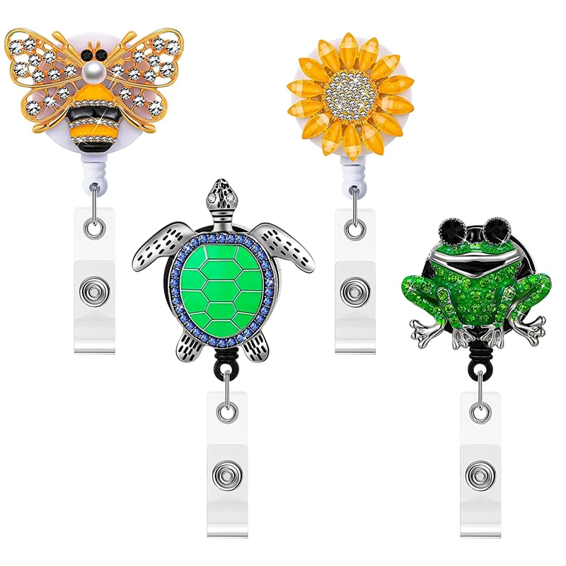 

4Pcs Retractable Badge Reel Cute Animals Badge Holder Bling Rhinestones Badge Reel Holder with Alligator Clip