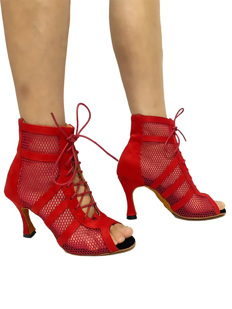 Red Salsa Dance Booties Women Latin Dance Shoes Suede Soles   Latin Ballroom Outdoor Indoor Dance Shoes For Dancing High Heels