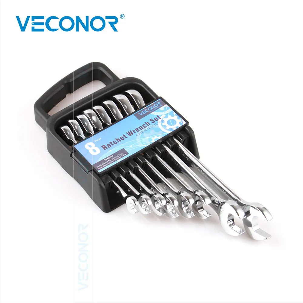 Комбинации ключ-трещотка комплект 8 шт., ключ-трещотка, открытый ключ, 8, 9, 10, 12, 13, 14, 17, 19, хром-ванадиевой