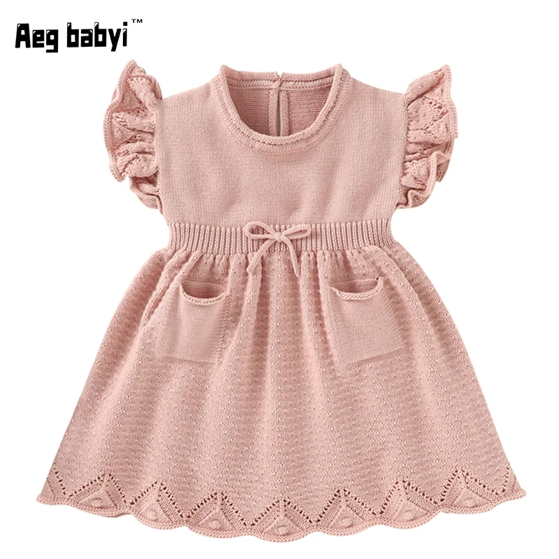

Baby Girls Dress Solid Cute Knitted Sweater Dress Flying Sleeves Toddler Kids Soft Dresses Spring Autumn Infant Kids Clothes