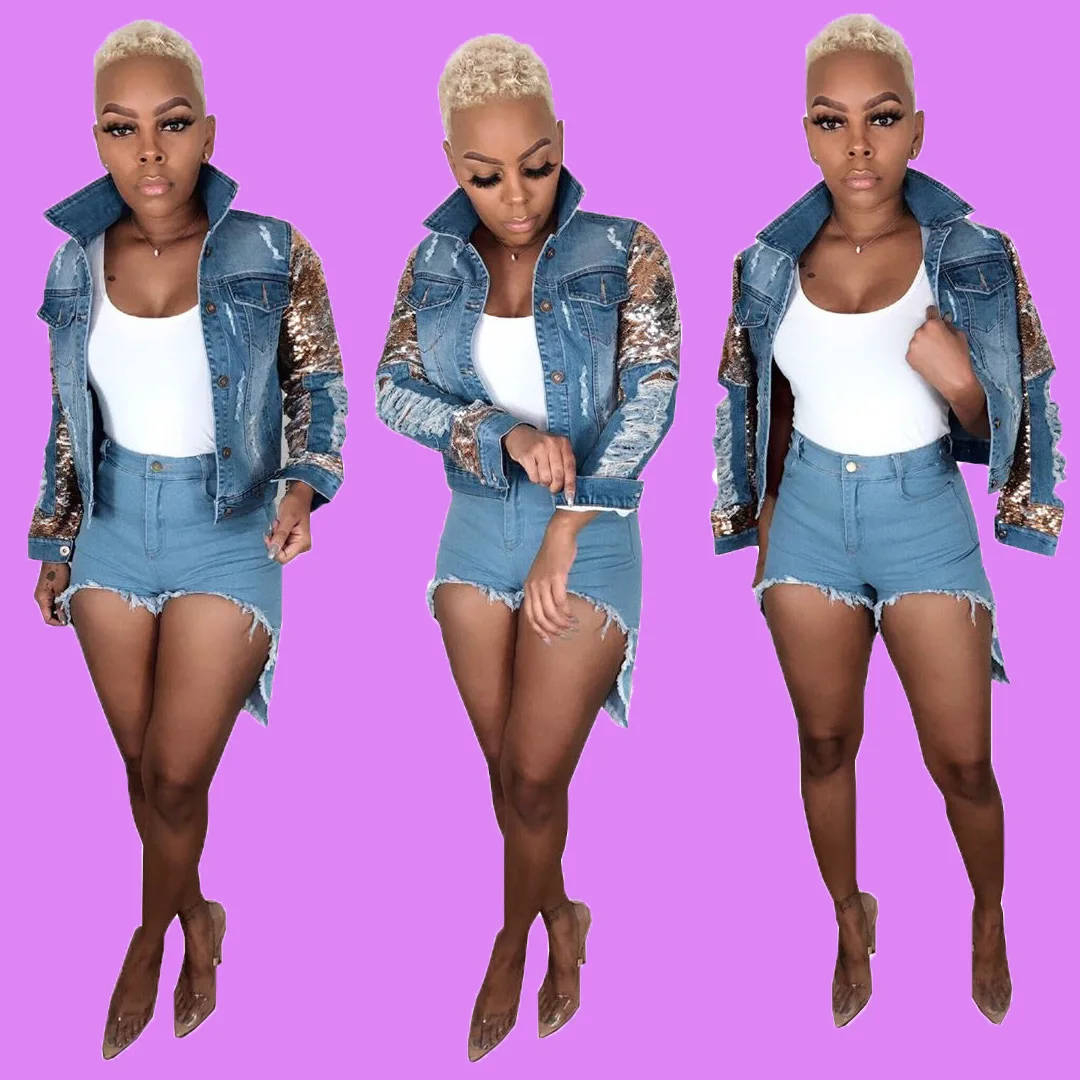 Повседневная джинсовая куртка с золотыми блестками женское пальто отложным