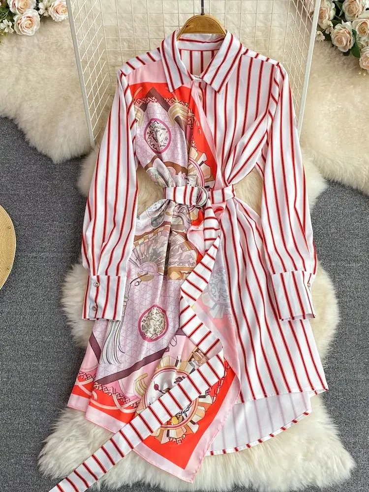 

Женское винтажное шифоновое платье-рубашка, французское лоскутное платье-рубашка с длинным рукавом, отложным воротником, полосками, принто...