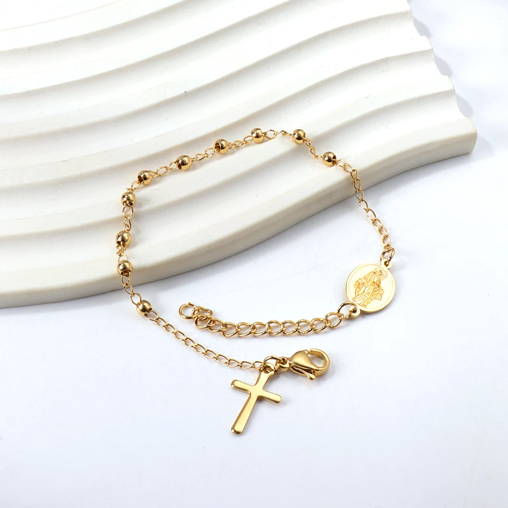LUXUSTEEL Cross Rosary Bracelet For Women Men Virgin Mary Religious Prayer Bead Link Chain on Hand Christian Jewelry Adjustable images - 6