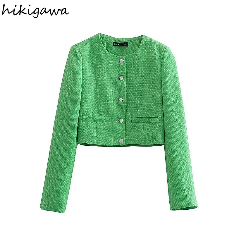 

Hikigawa Chic Fashion Women Jacket Tweed Texture O Neck Single Breasted Cropped Coat Women Vintage Long Sleeve Female Outerwear