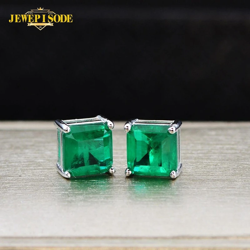 

Jewepisode Top Grade 7MM Emerald Stud Earrings for Women Solid 925 Sterling Silver Wedding Anniversary Fine Jewelry Earring Gift