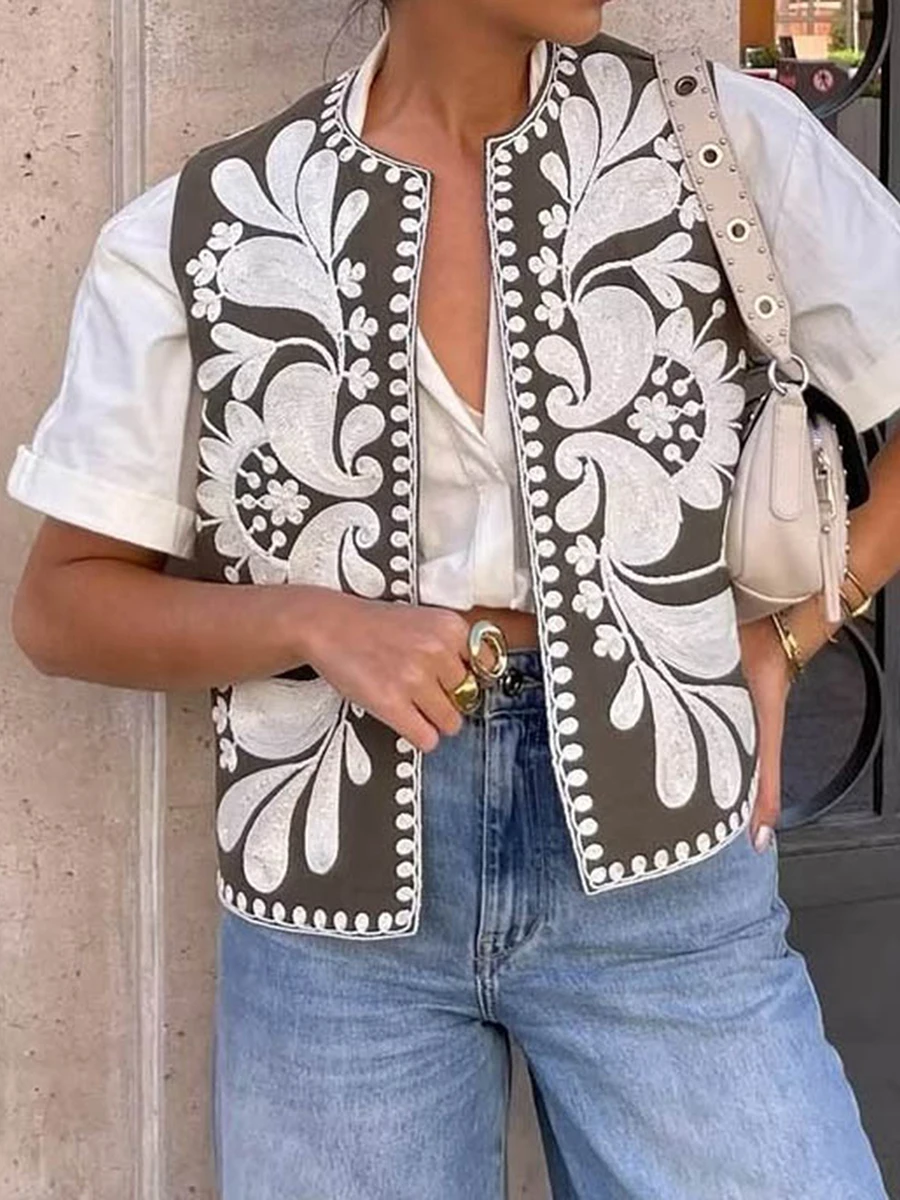 Весна 2024 Женский Повседневный жилет куртка без рукавов с вышивкой спереди