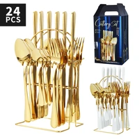 24 pieces stainless steel cutlery set 4 piece western steak knife fork spoon small spoon with storage rack gift kitchen supplies
