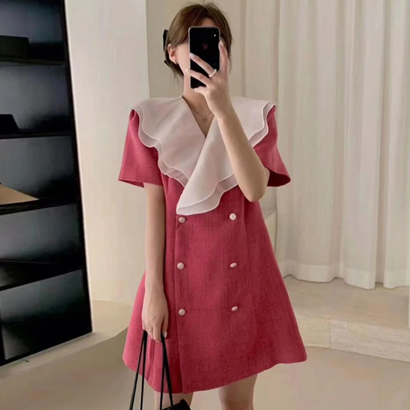 

Clothland Women Stylish Ruffled Mini Vestido Double Breasted Short Sleeve One Piece Sweet Cute Long Tops DA127
