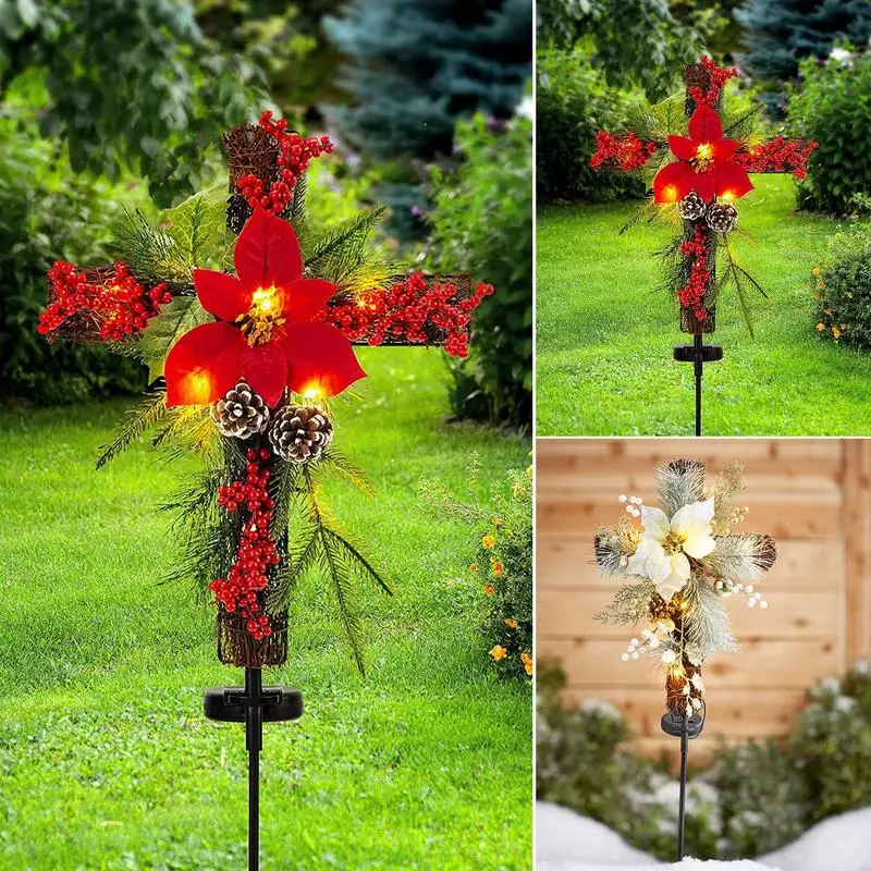 

Solar Cross For Garden Easter Solar Lights With Pine Cones Red Berries Outdoor Landscape Light For Yard Lawn Patio Pathway Decor