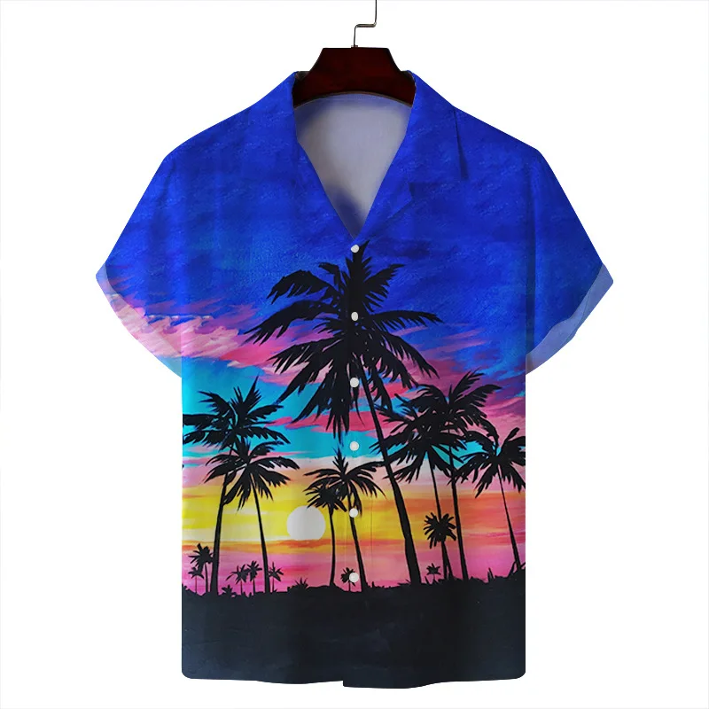 Hawaiian Men's Shirt Coconut Tree Landscape 3D Printed Single Breasted Men Top Beach Fashion Casual Breathable Clothing S-4XL