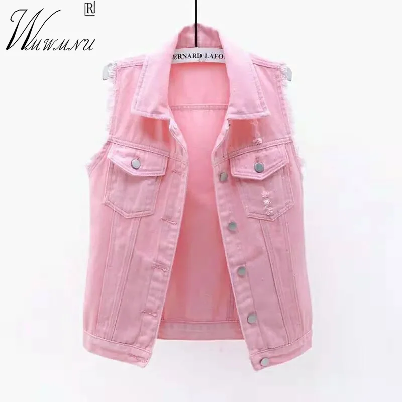 

Korean Fashion Pink Denim Vests Women Casual Cowboy Sleevless Jackets 2023 Summer Jean Chalecos Mujer Oversize Short Waistcoat
