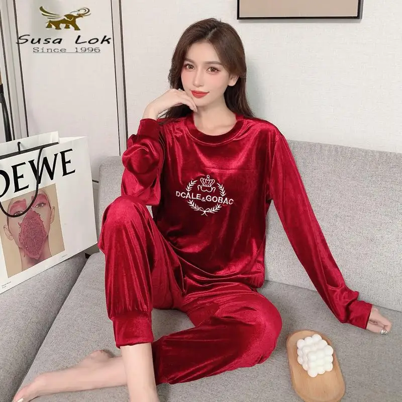 

Пижама с круглым вырезом и длинными рукавами, женские золотистые бархатные толстые брюки, эластичный пояс, повседневный носимый домашний к...