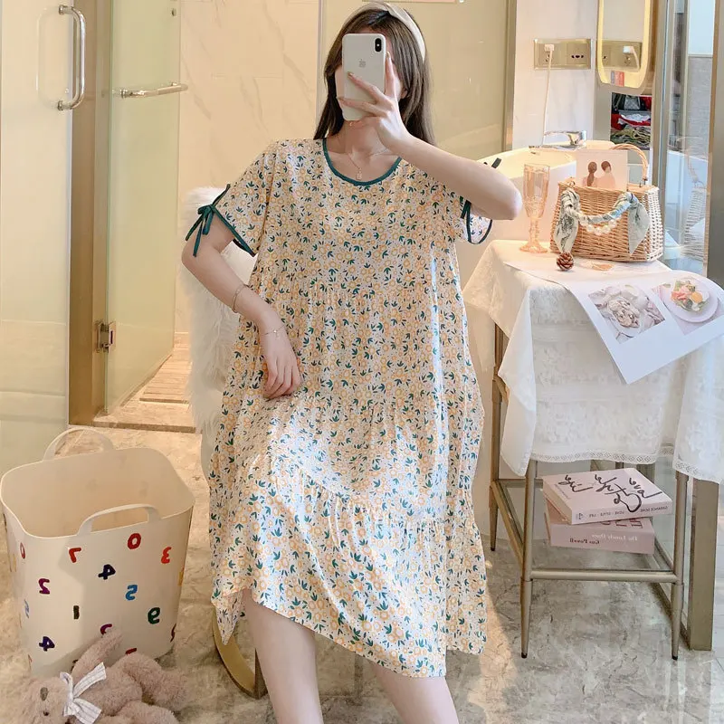 Women's Cotton Silk Nightdress Summer Nightgown Short Sleeve Pajamas Set Printing Plus Size Loose Home Wear New