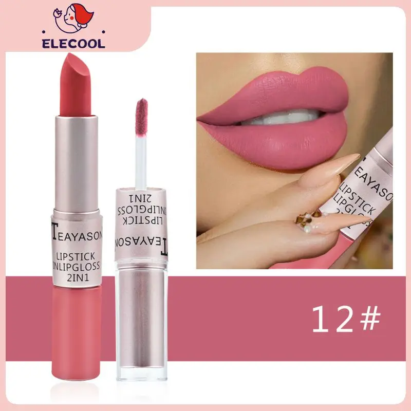 

Non-stick Cup Lasting Coloring Lipstick Lip Gloss 12 Colors Double-headed 2 In 1 Lipstick Lipgloss Velvet Matte Lip Gloss