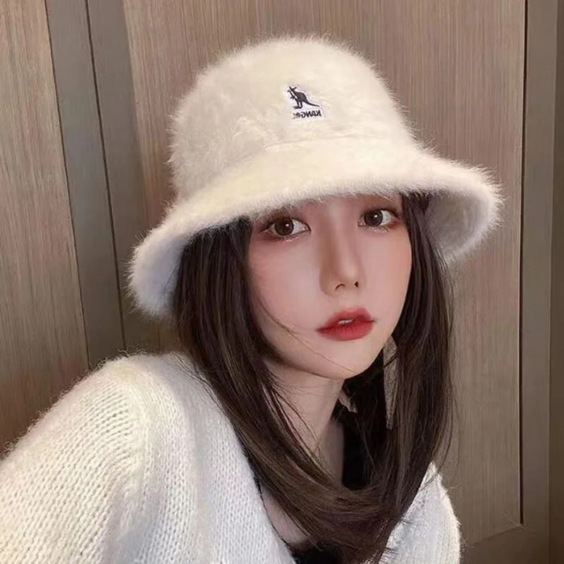 CNTANG Women's Winter Kangaroo Hat Fashion Rabbit Hair Fisherman Hats Outdoor Warm Cover Face Caps Travel Casual Bucket Cap