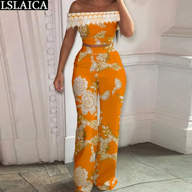 

Wholesale Women Clothing 2 Pieces Set Off Shoulder Tops and Long Pant Suits Trendy Elegant Summer Loungewear Print Costume Femme