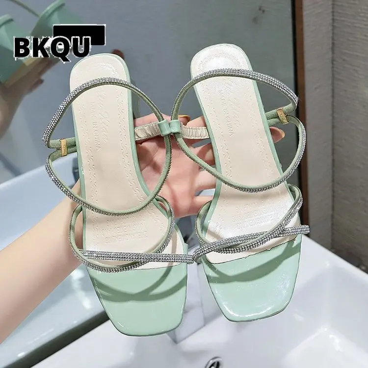 

BKQU Summer 2022 New Short Heel Sexy Rhinestone Ladies Sandals, Women's Square Root Mid Heel Ladies High Heel Sandals