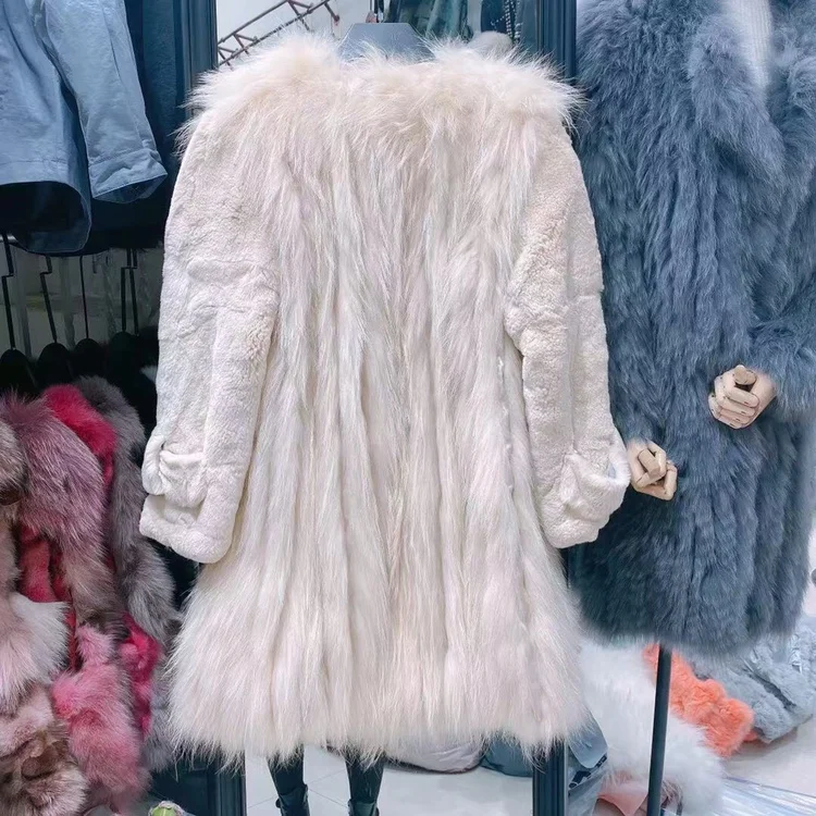 New Raccoon Fur Spokes with Rex Rabbit Fur Sleeves Mid-Length Coat Women's Long Sleeve Solid Color Faux Fur Jacket