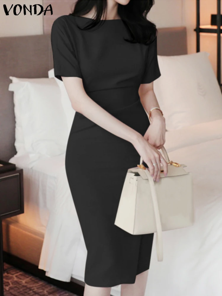 

Women Long Shirt Sundress VONDA Summer Short Sleeve Midi Dress 2023 Pleated Solid Elegant Casual O-Neck Zipper Party Vestidos