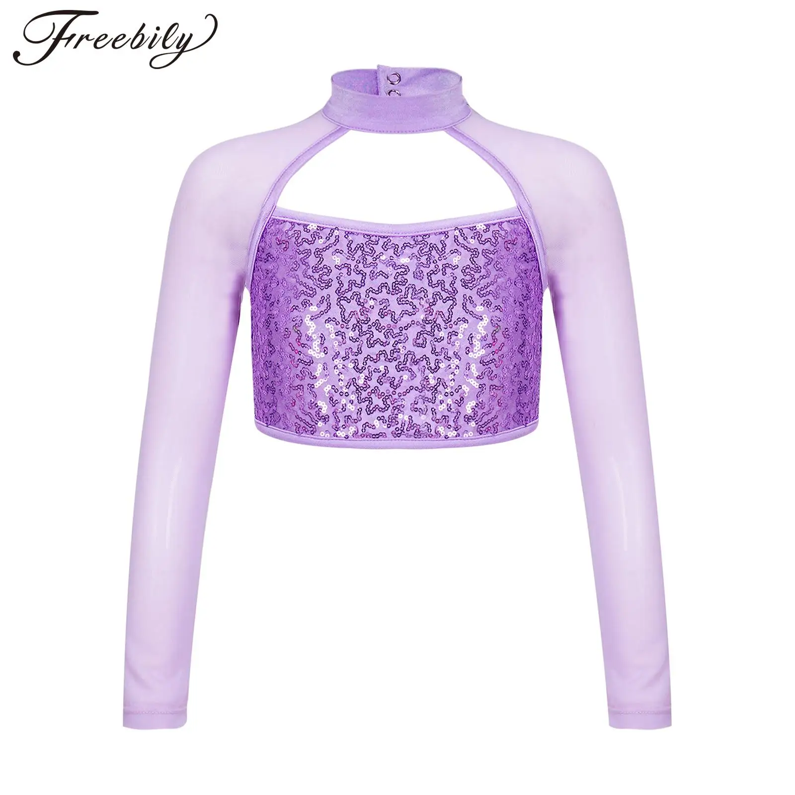 

Детские блестящие топы с блестками для танцев, танцевальный женский топ для балета, с ложным воротником, для латиноамериканских джазовых танцев, футболка