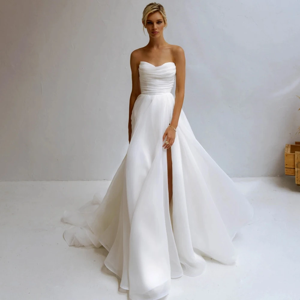 

Elegant A-Line Strapless Wedding Dresses for Bride 2022 Floor Length Side Split Bride Dresses Backless Simple Occasion Gowns