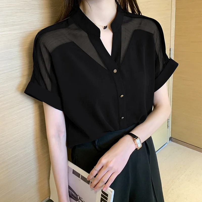 Блузка женская сетчатая с коротким рукавом и V-образным вырезом