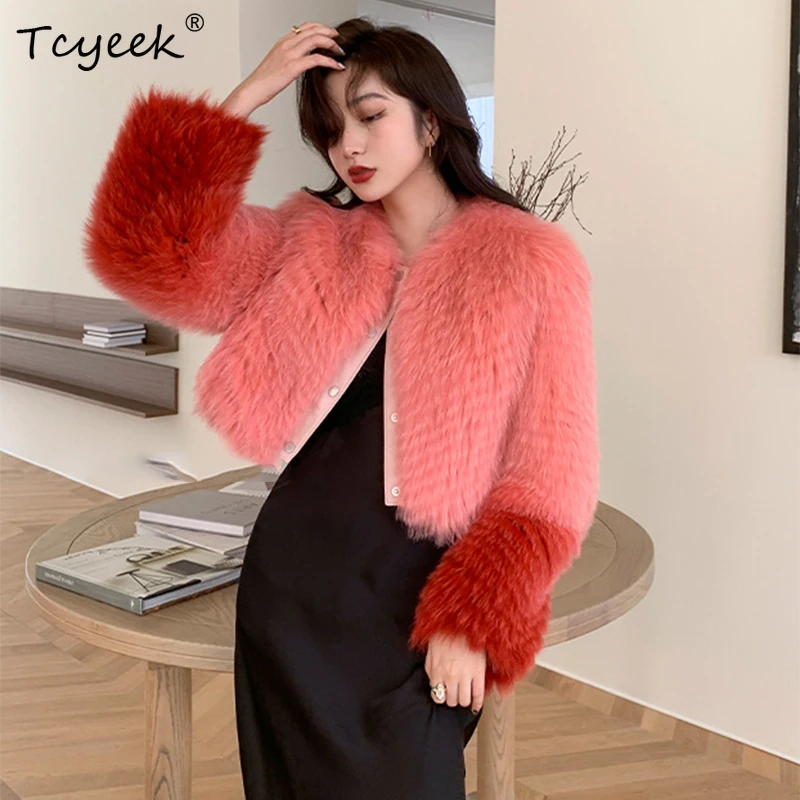 

Red Fox Fur Overcoat Female High Quality Short Gradual Change O-Neck Coat Single Breasted Slim Knitted Fox Fur Women's Jacket