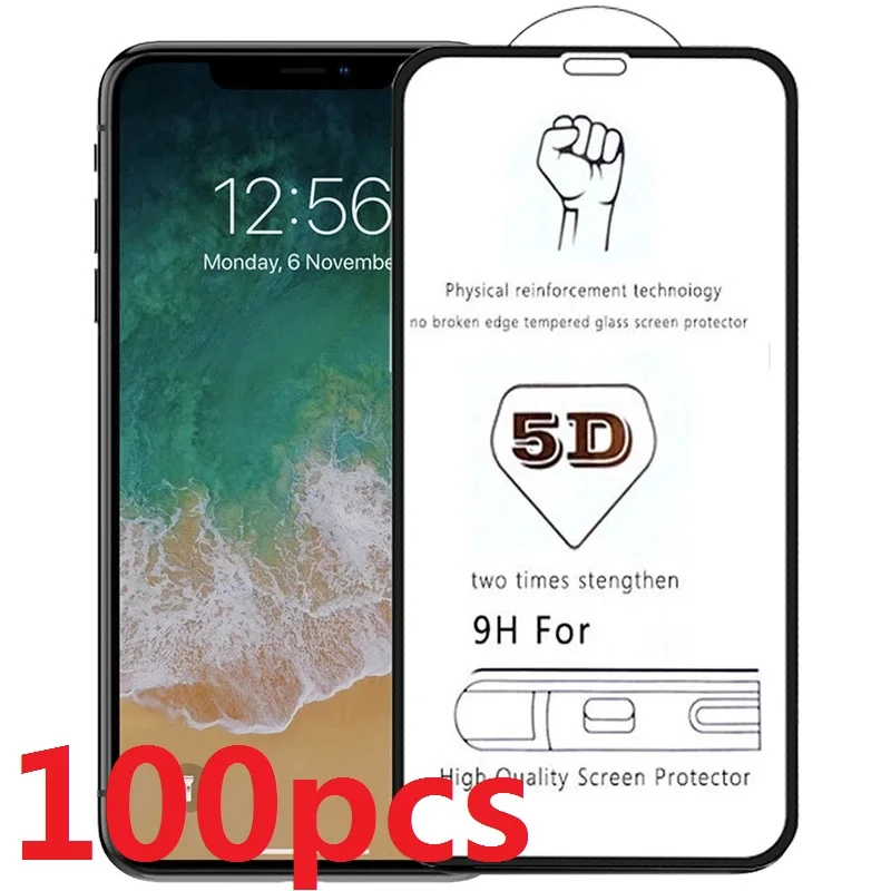 100pcs 5D Curved Tempered Glass 9H Screen Protector Full Cover Film Guard For iPhone 13 14 Pro Max 12 11 XS XR X 8 7 6 Plus SE