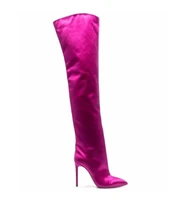 fuchsia pointed toe silk over the knee boots stiletto high heel long boots sleeve stain thigh boots women winter dress shoes