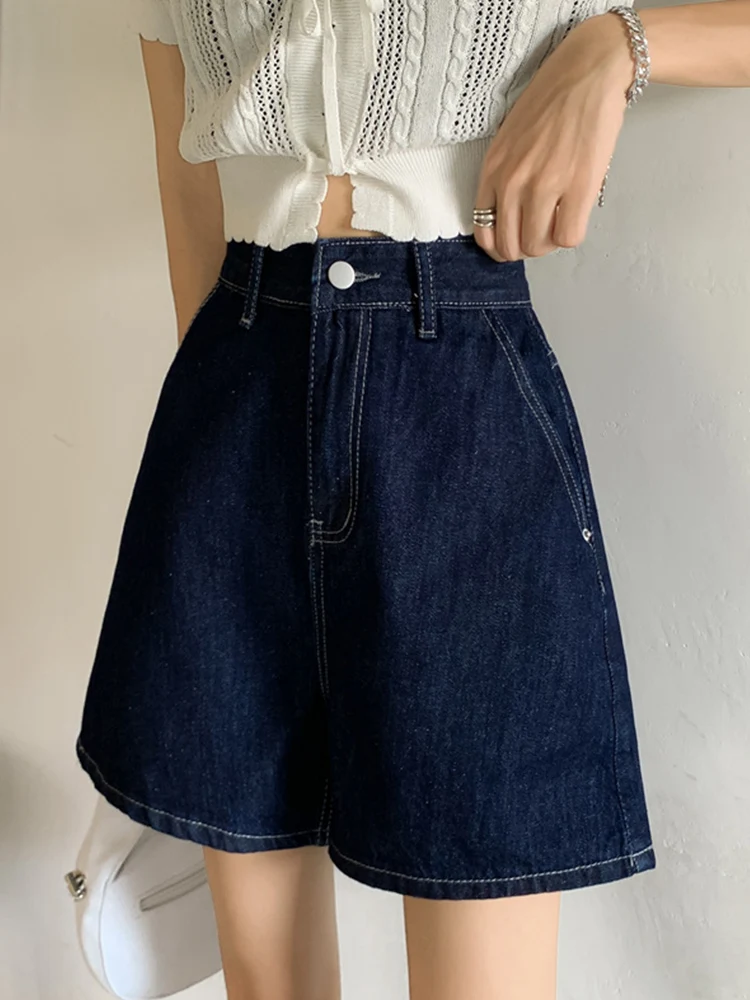 New Spring Summer Women Wide Leg Dark Blue Denim Shorts Streetwear Female Button Loose Jeans Shorts Bottoms
