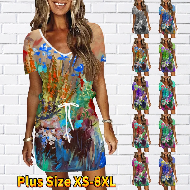 

Женская Летняя короткая юбка с принтом, свободная юбка с V-образным вырезом и коротким рукавом, облегающая юбка, модное Повседневное платье, ...