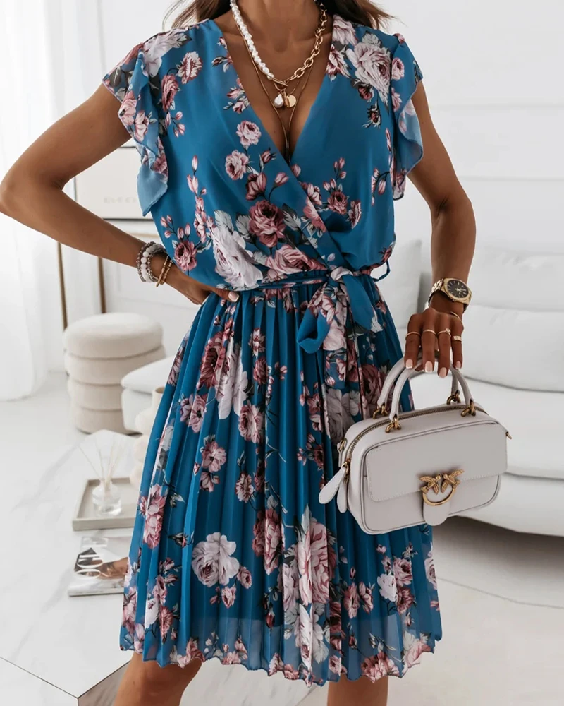 

Sexy V-neck Short Sleeve Bandage A-line Dress Summer Fashion Flower Printing Pleated Dresses For Women