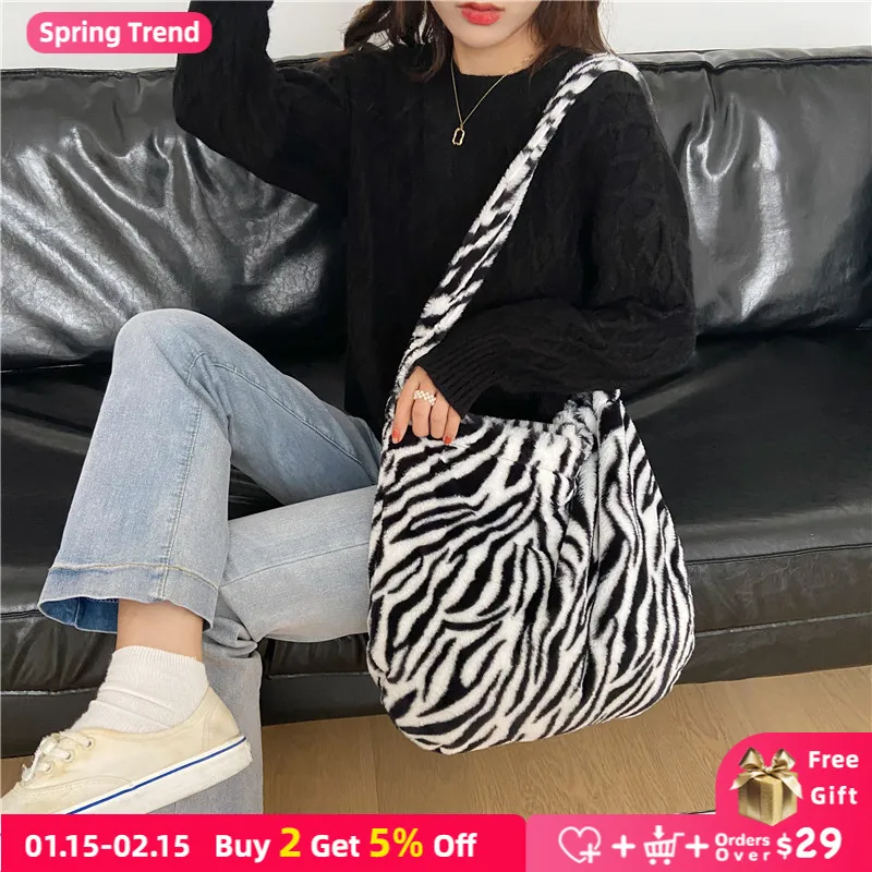 

Fashion Zebra Patten Women Shoulder Bags Soft Plush Ladies Messenger Bag Large Handbags Vintage Girls Student Furry Casual Tote