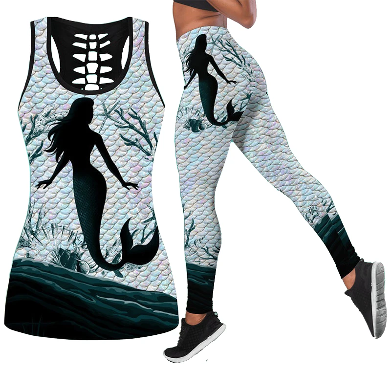 Mermaid Pattern Combo Tank + Legging Yoga Pants and Hollow Tank Womens Sport Vest Suits Leisure Suits