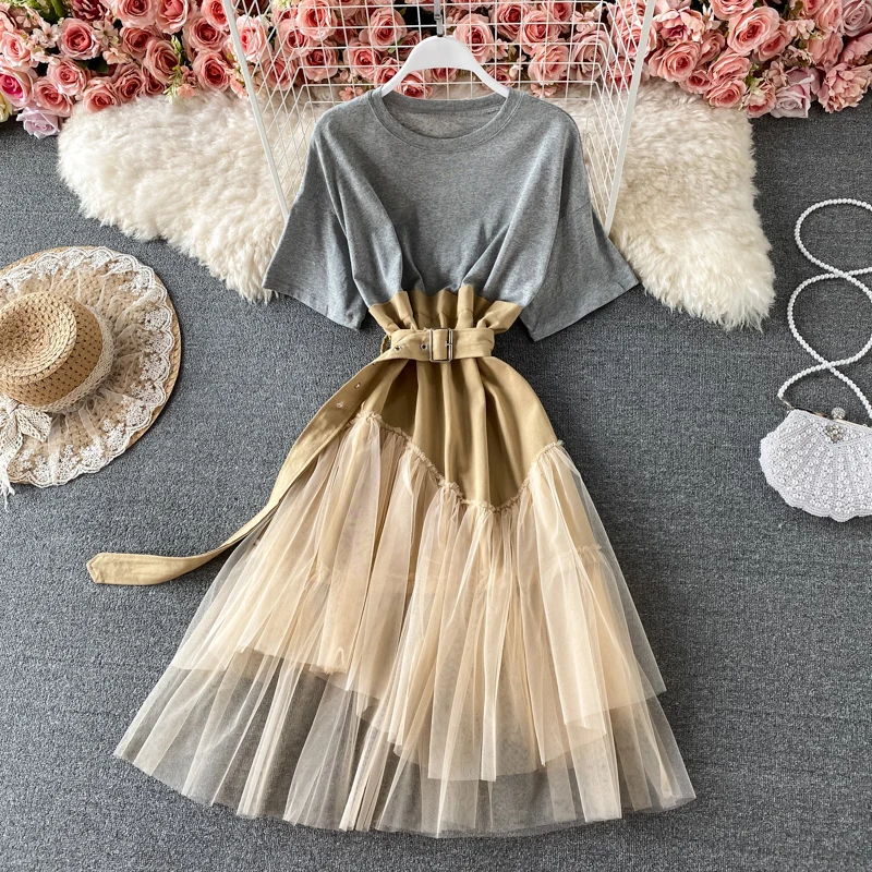 

Fashion Women Patchwork Mesh Dress Summer Short Sleeve Dress