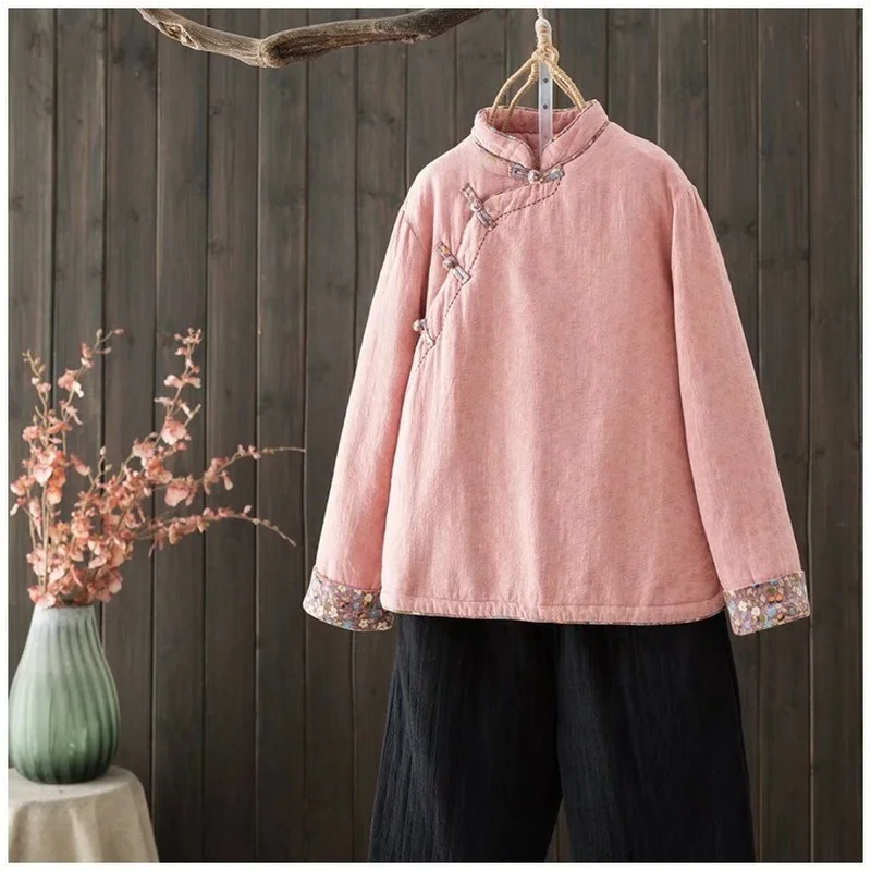 Женская зимняя рубашка с хлопковой подкладкой и воротником-стойкой - купить по