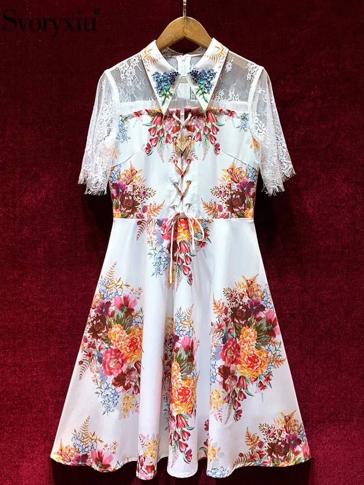 

Svoryxiu Sexy Lace Transparent Patchwork Flower Print Summer Party Mini Dress Women's Fashion Runway Short Sleeve Short Dresses