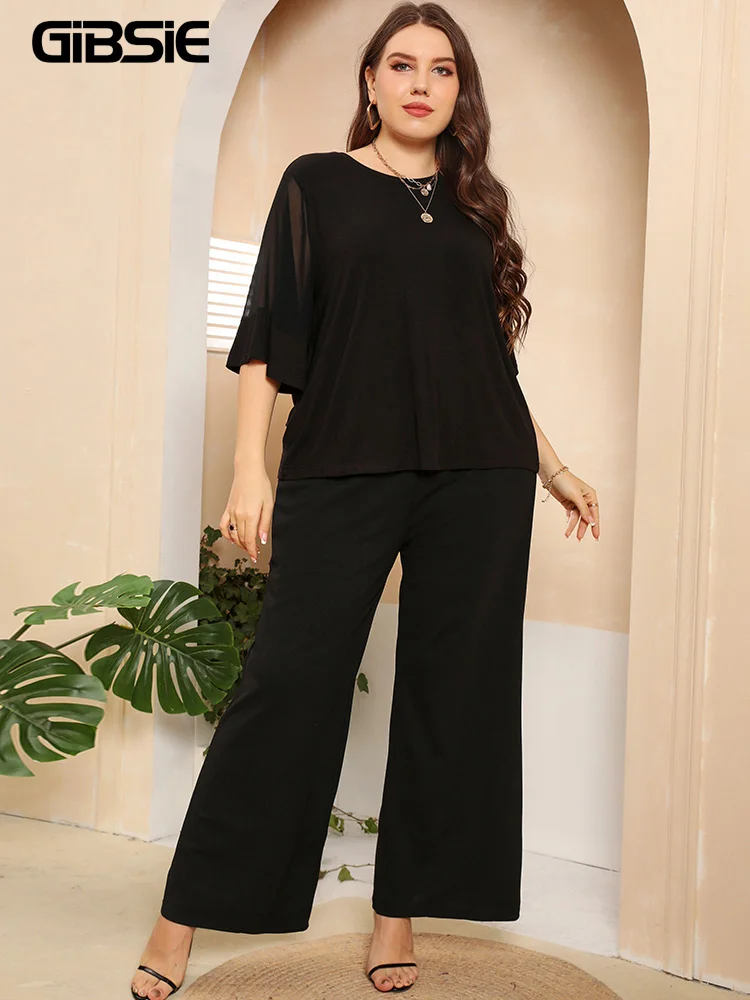 

GIBSIE Plus Size Two Piece Sets Summer Black Mesh Sleeve O-Neck Tops With Wide Leg Pants 2 Piece Casual Women Clothing Sets