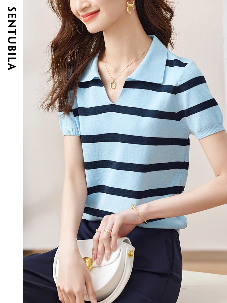 

Sentubila Basic Panelled Striped Knitting T-Shirts for Women 2023 Turn Down Collar Straight Fashion Short Blouses Women Tops