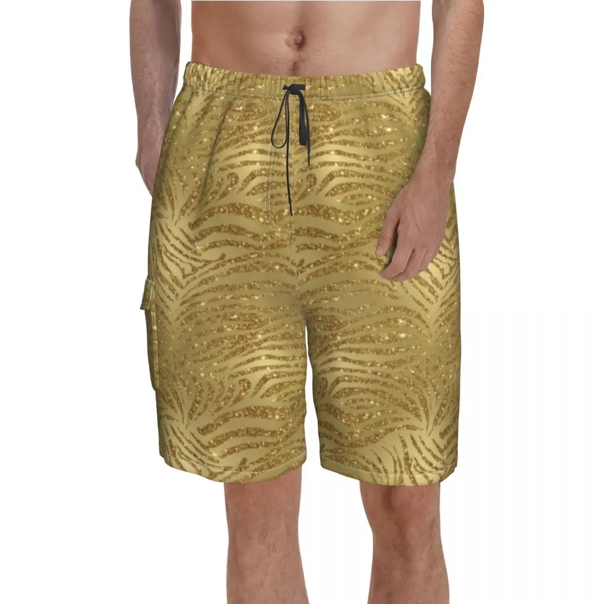 

Sparkle Tiger Print Board Shorts High Quality Gold Glitter Stripes Printed Beach Short Pants Elastic Waist Classic Swim Trunks