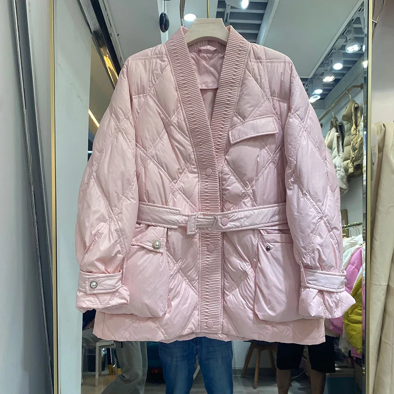 

Новый роскошный дизайн, женский зимний пуховик, одноцветные пояса для пальто, женский пуховик на утином пуху 90, белая парка, милая офисная ве...