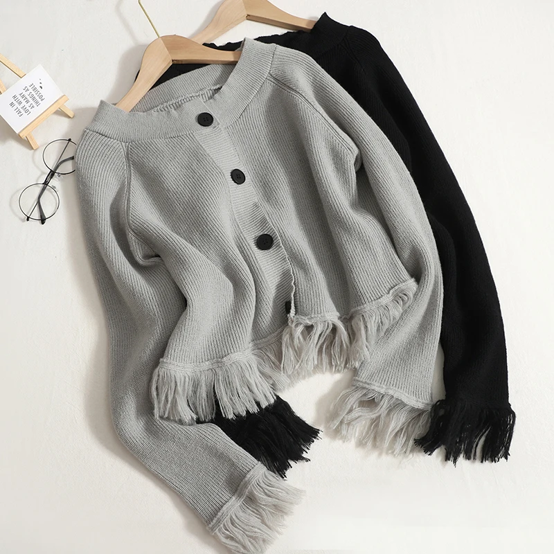 

Hikigawa Chic Fashion Women with Tassel Short Length Sweater Autumn O Neck Long Sleeve Button Up Versatile Cardigan Top Mujer