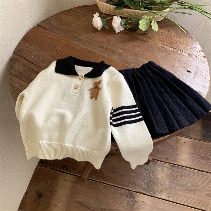 2022 Autumn Toddler Girls Cartoon Bear Sweater + Skirt 2 Pcs Set Spring Baby Girls Brand Pullovers Kids College Style Clothes