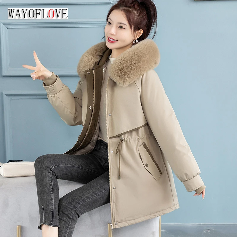 

WAYOFLOVE Fashion Fur Collar Hooded Down Cotton Women's Coat Winter Parkas Detachable Inner Liner Thicken Warm Snow Wear Outwear