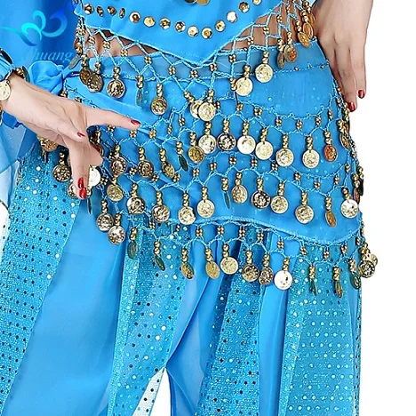 

128 Coin Chiffon dress Dancer costume Performance Egyptian Belly dance Belt golden coins