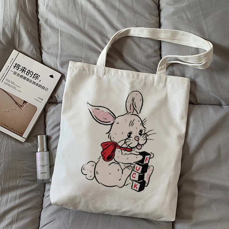 

Kawaii Cute Rabbit Cartoon Pattern Shopping Bag Reusable Canvas Shopping Bag Tote Bag Handbag Women Ladies Cotton Shoulder Bag