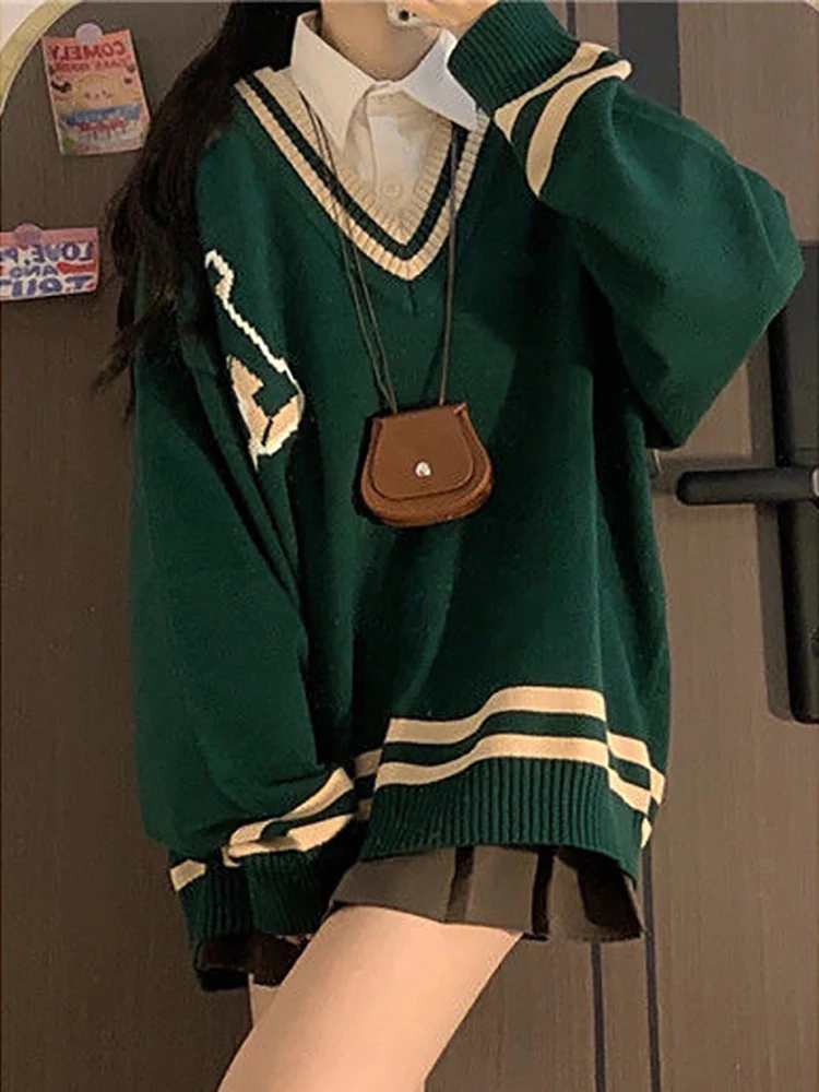 

Женский Зеленый Свитер оверсайз с V-образным вырезом, зимний женский пуловер с длинным рукавом, Женский Повседневный джемпер в Корейском ст...