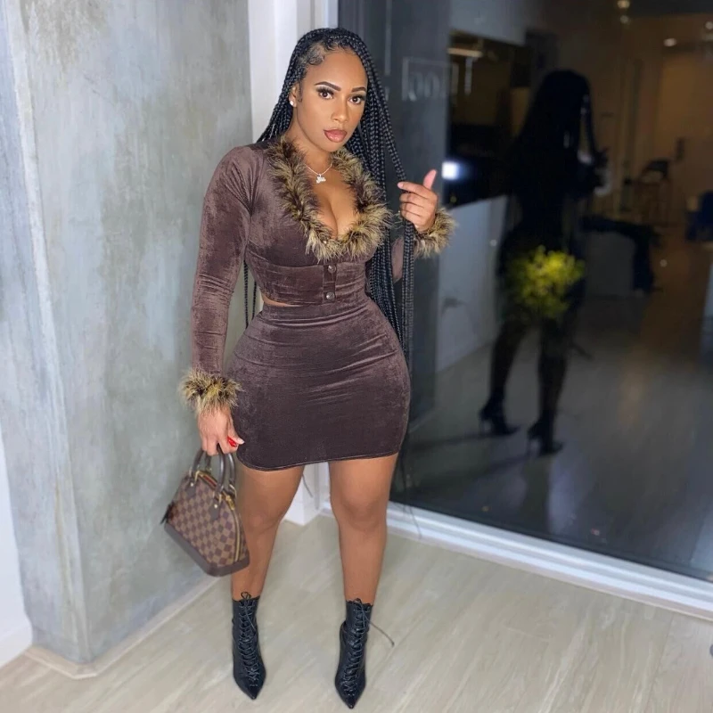 

Velvet Women 2 Piece Set Fur Collar Feather Button V Neck Crop Tops+Slim Skinny Skirt Autumn Office Lady Party Matching Suits