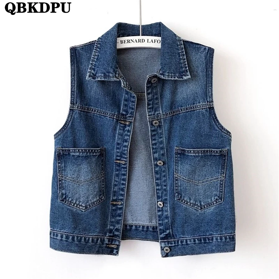 

Korean Slim Short Denim Vests Sping Casual Jean Waistcoat Loose Vintage Sleeveless Jacket Classic Women Gilet Blue Chalecos Coat